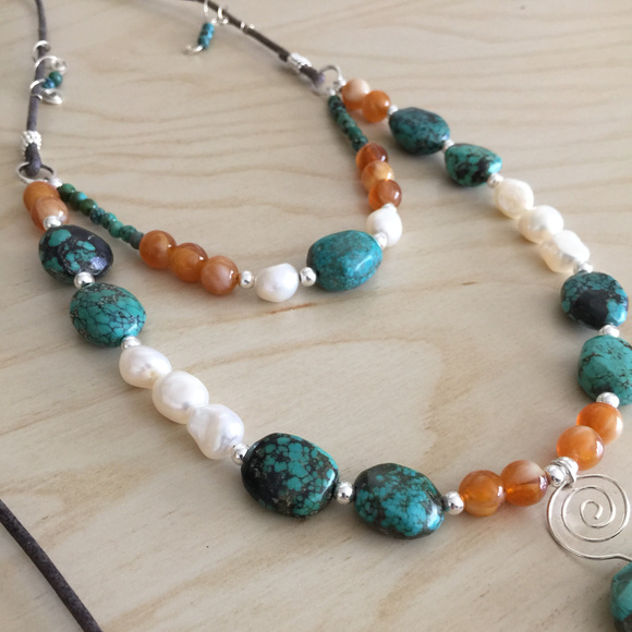 Turquoise, Amber, Pearl, Silver Gemstone Necklace - Picture 3 of 8